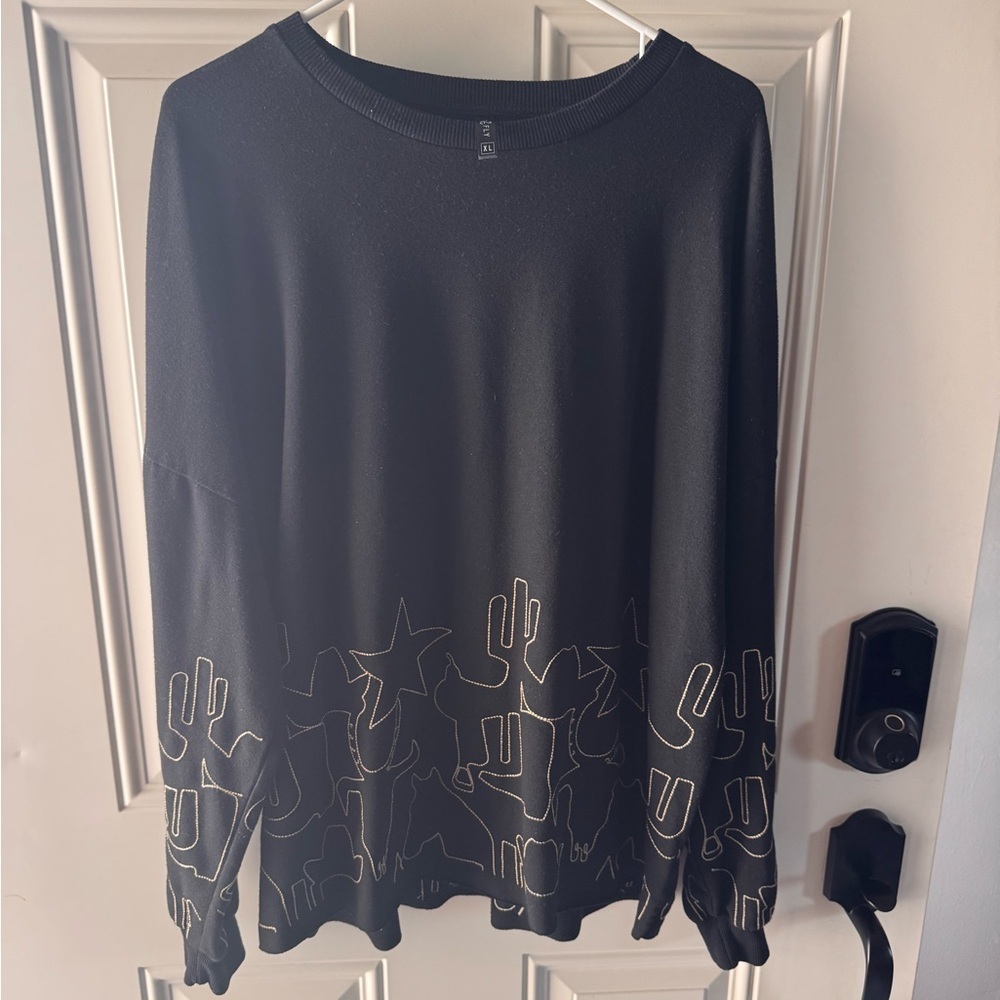 Black Long Sleeve Top with Cactus Design